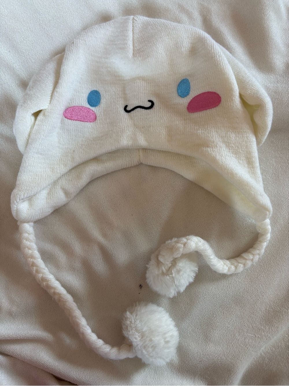 Kids White Plush Character One-Piece Hat with Pom-Poms